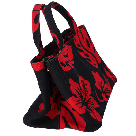PRADA Canapa Tote Bag Black Red Canvas Leaves Print - Picture 4 of 9